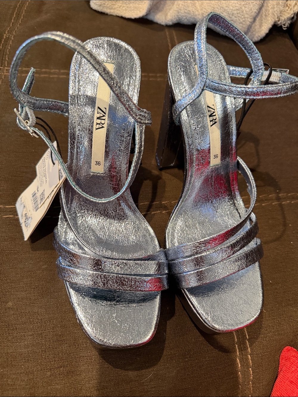 Zara Metallic Silver Strappy Block Heels